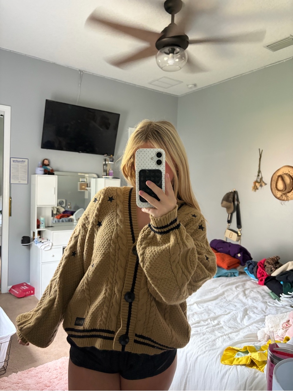 Taylor Swift Tan Cable Knit Cardigan with Black Star Accents